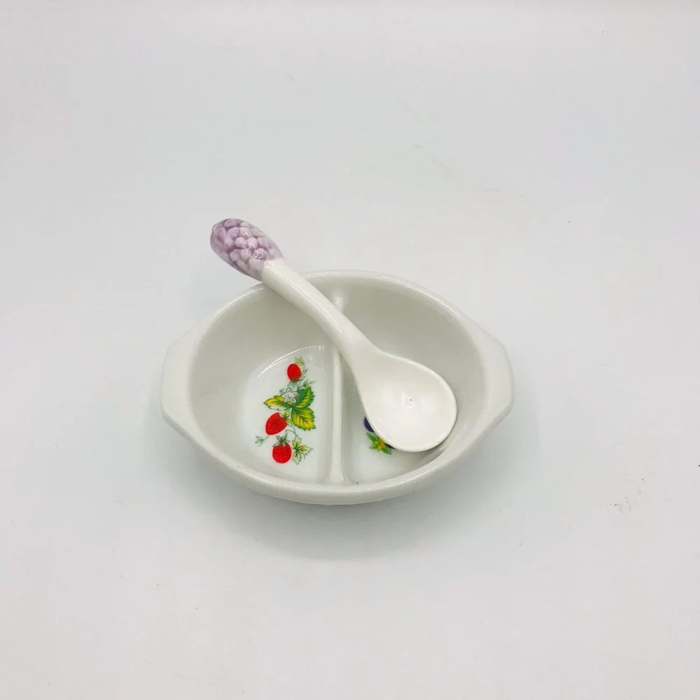 Vintage divided oval ceramic petite jelly/ relish dish with serving spoon.